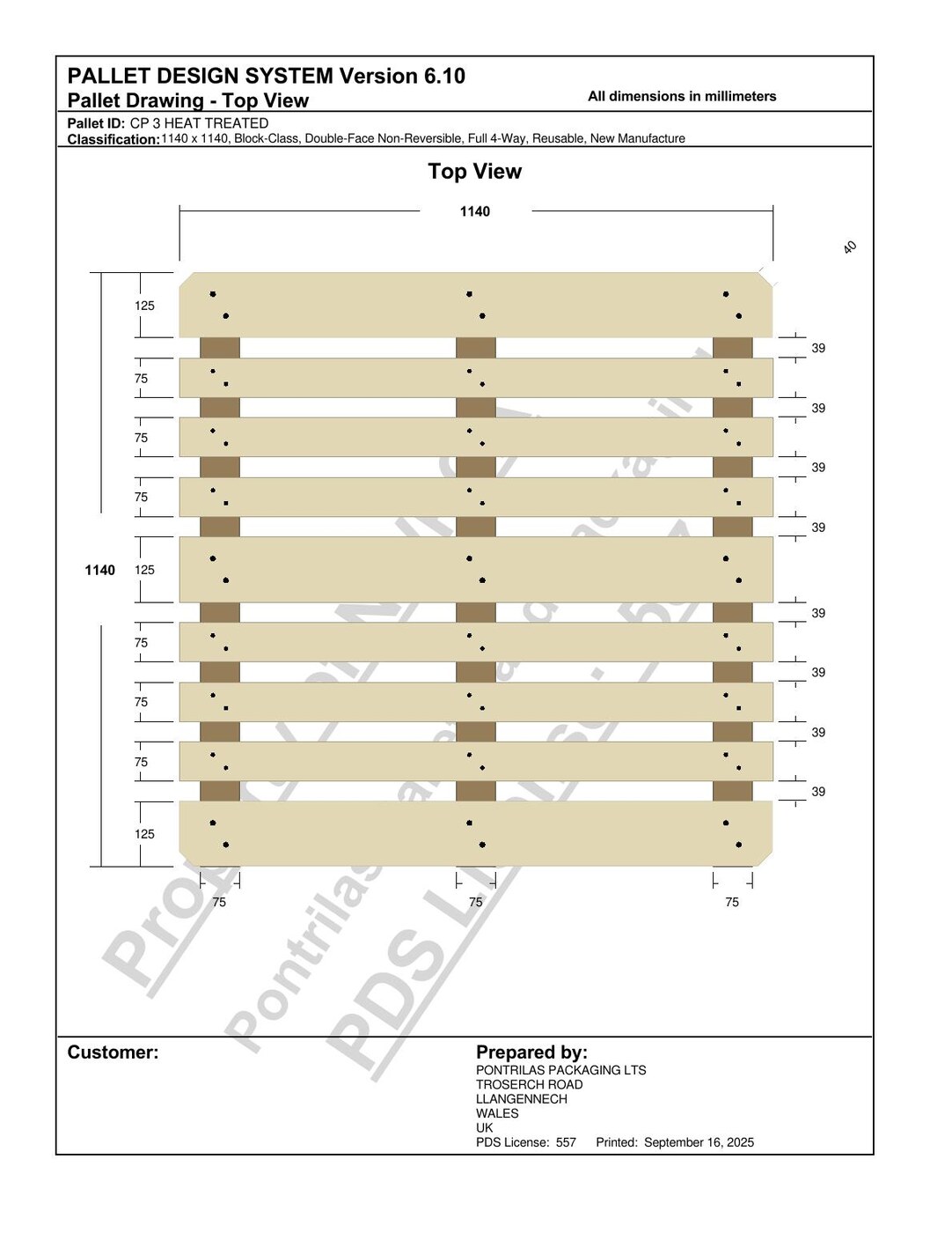 CP3 pallet PDS drawing 1140 x 1140 mm
