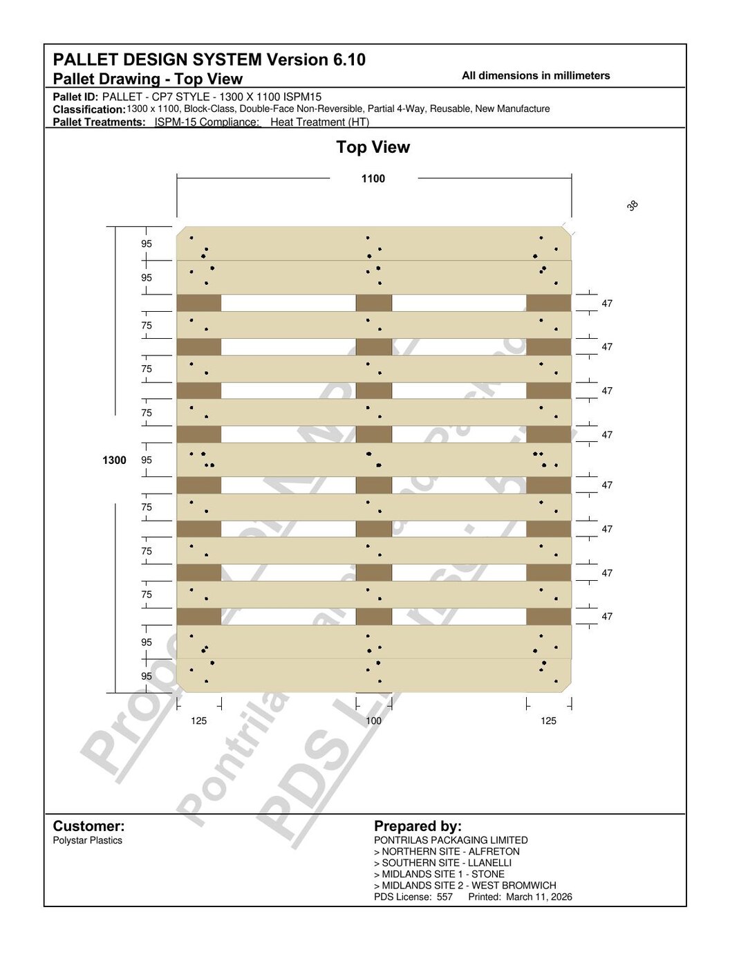 CP7 pallet PDS drawing 1300 x 1100 mm
